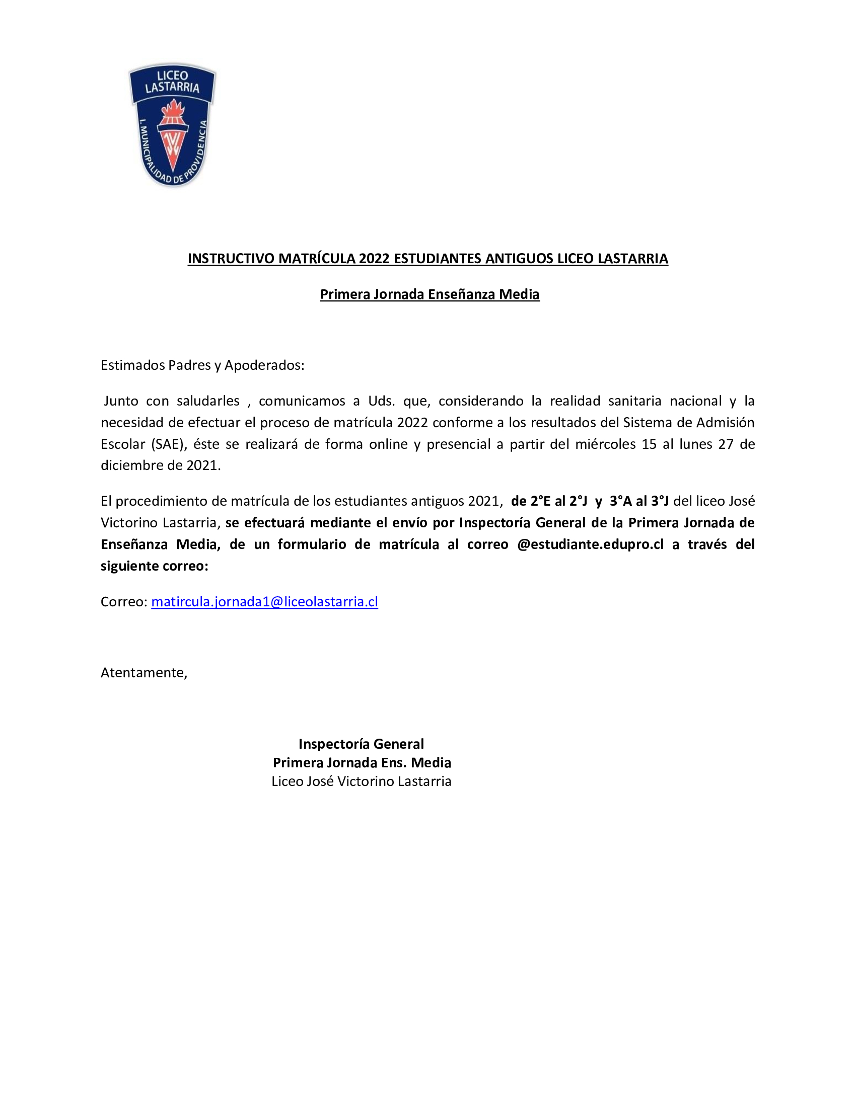 INSTRUCTIVO MATRCULA 2022 CORREO RPIMERA JORNADA 1