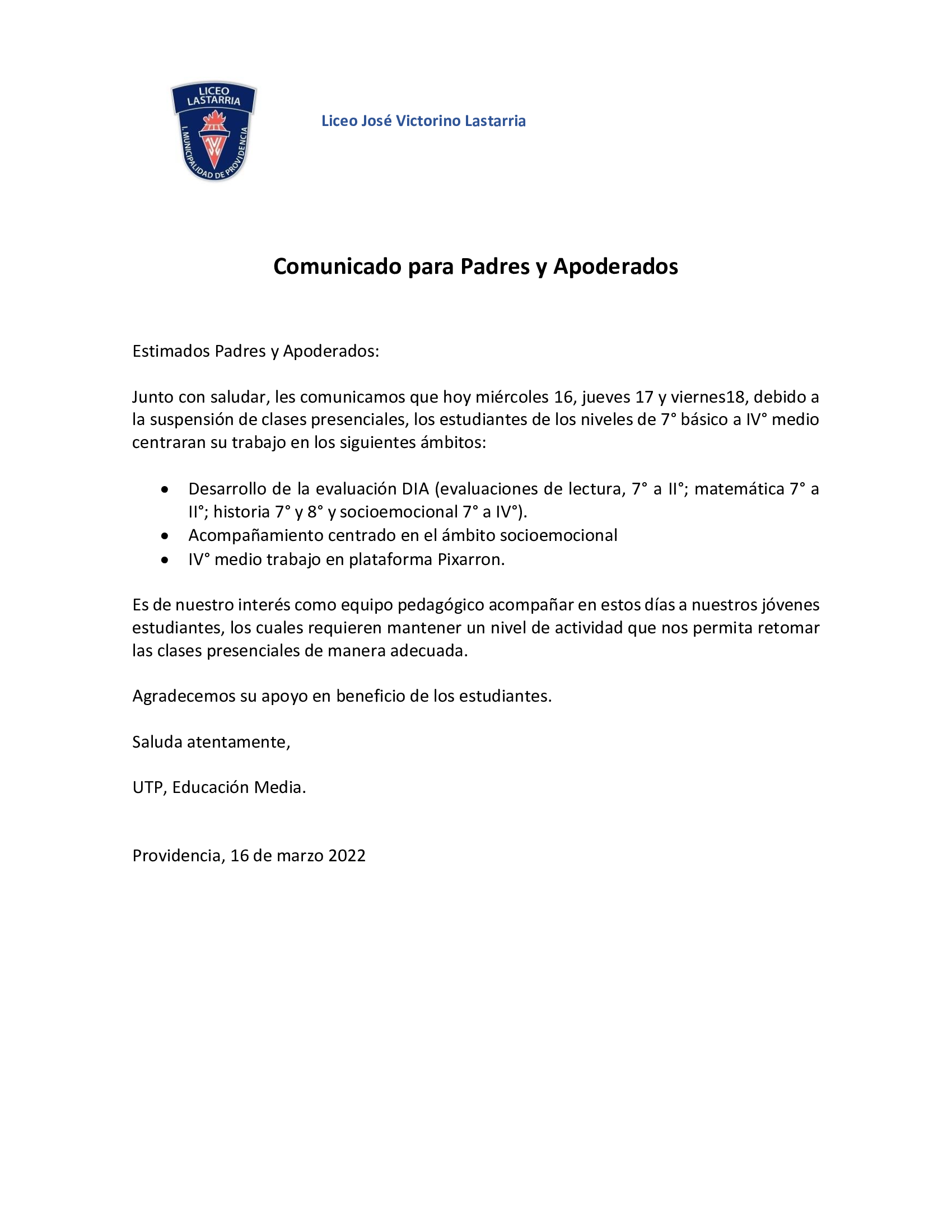 Comunicado UTP Media