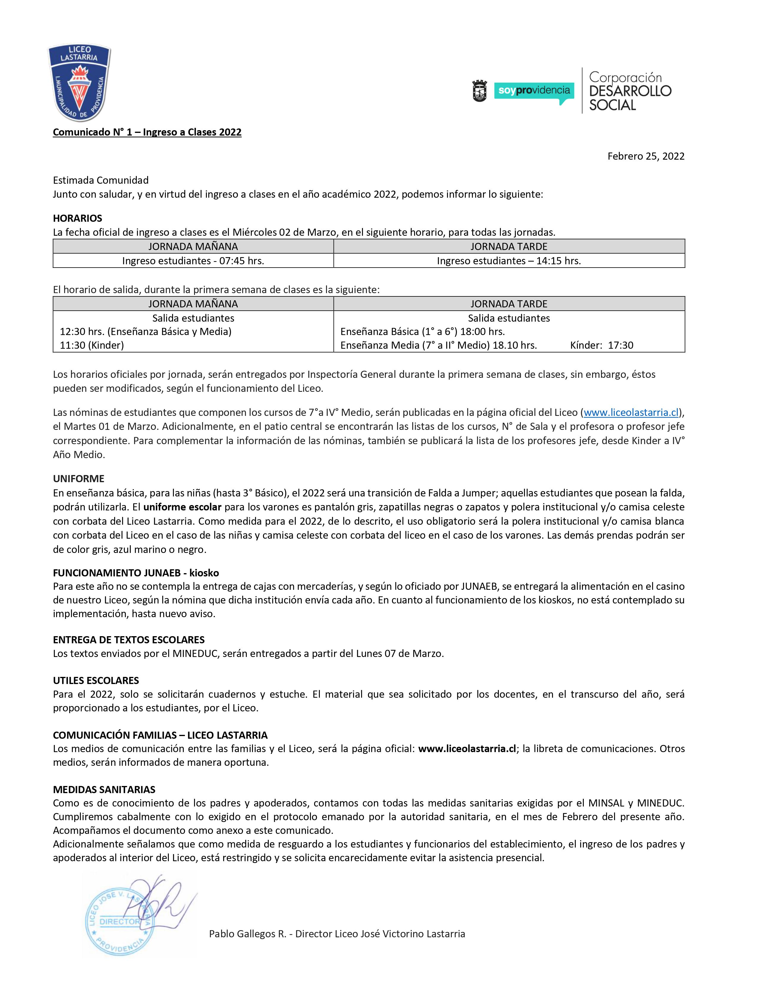 Comunicado N1 Incio de clases 2022