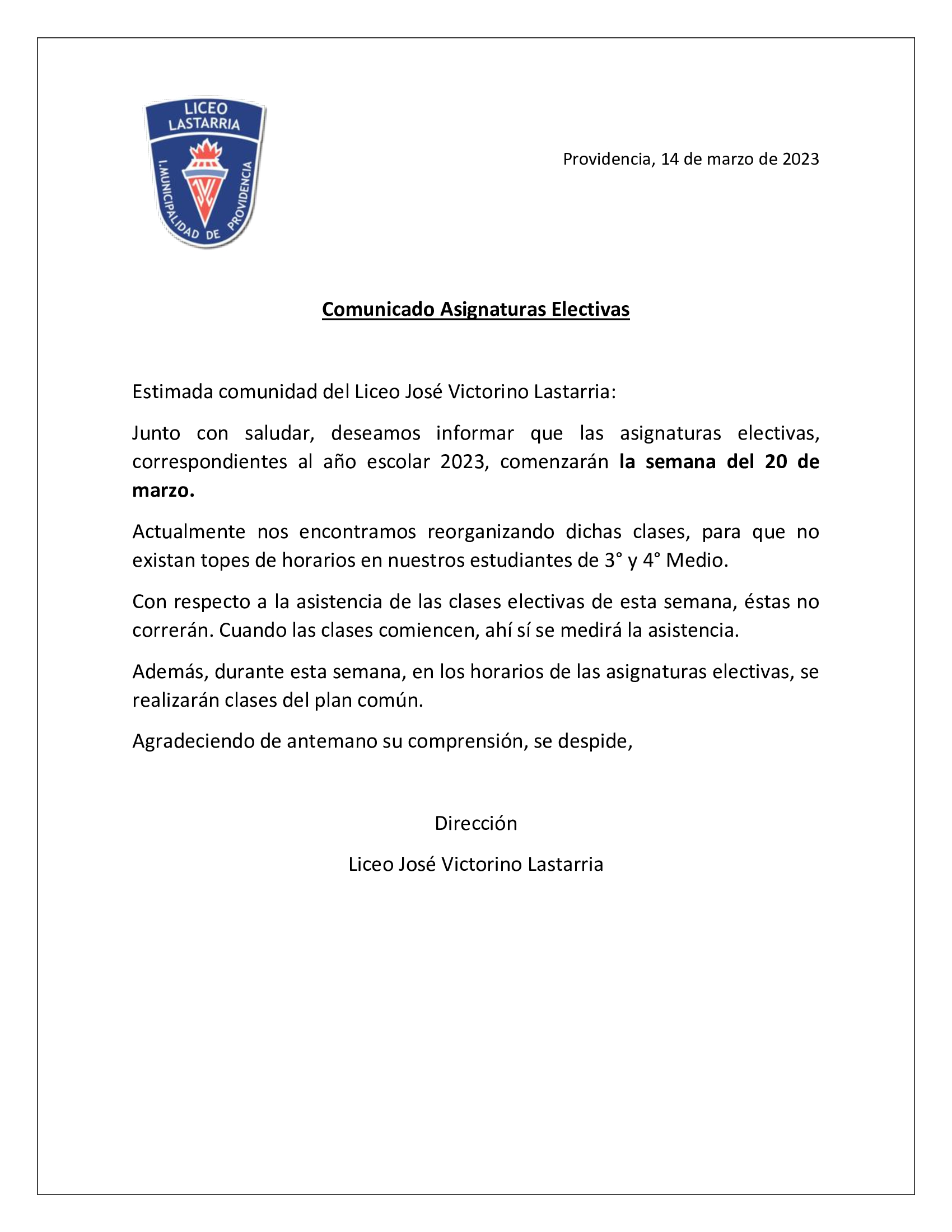 comunicado Lastarria Electivos